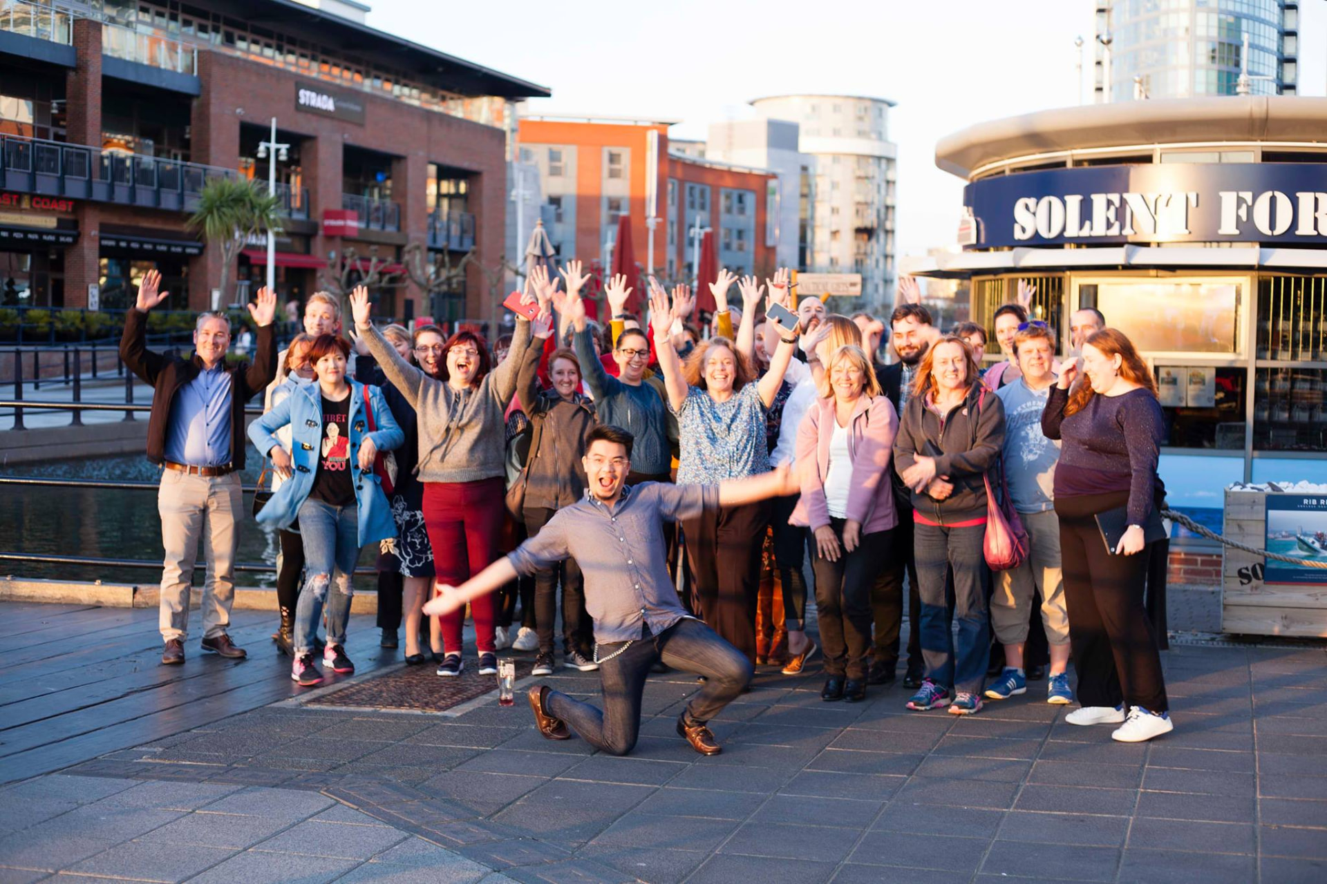 A large group of Startup Disruptors members together on Portsmouth waterfront